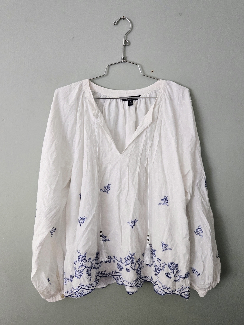 Ralph Lauren Feminine Embroidered White & Navy Blue Cotton Floral Boho Top, 10